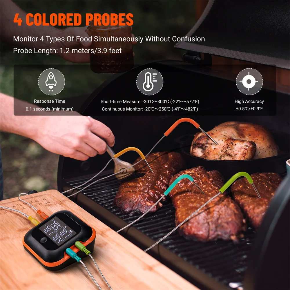 INKBIRD IBT-24s Digital BBQ Thermometer Large Backlit LCD Smart Bluetooth Meat Thermometer with 4 Probes for Outdoor Indoor