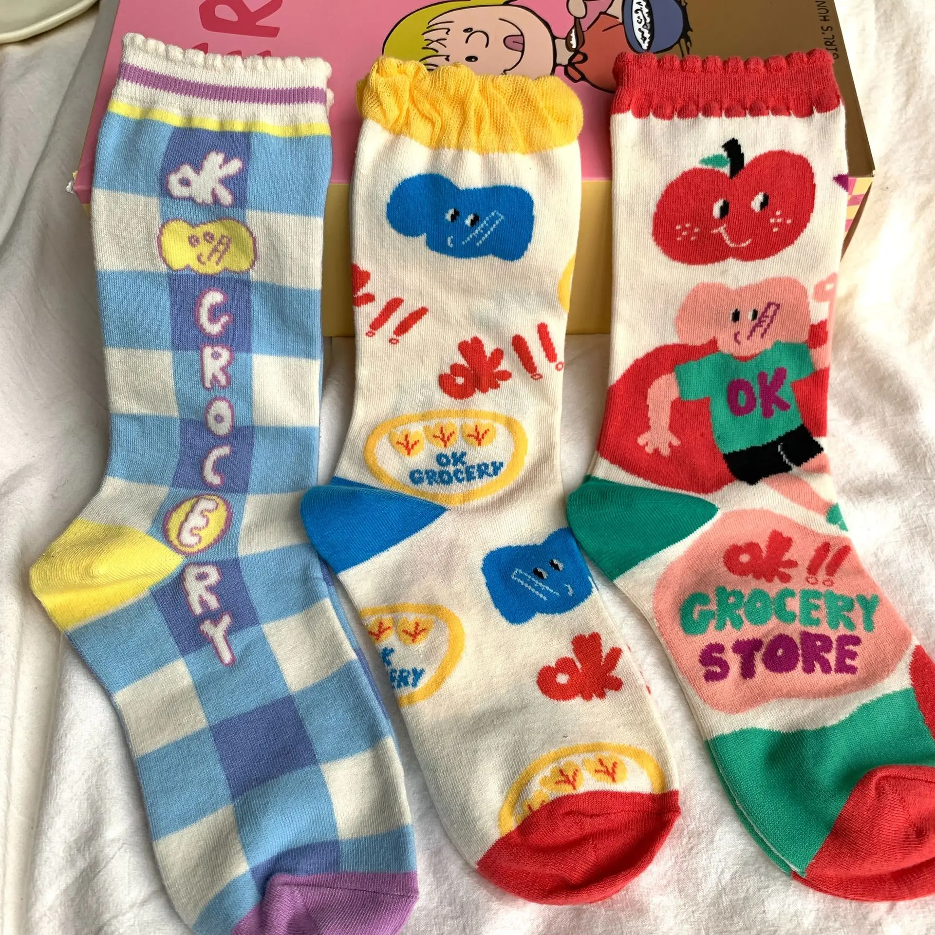 Women Little Tomato Socks Female Korean Mid-tube Ins JK Girls Cute Kawaii Cartoon All-season Casual Comfortable Cotton Socks