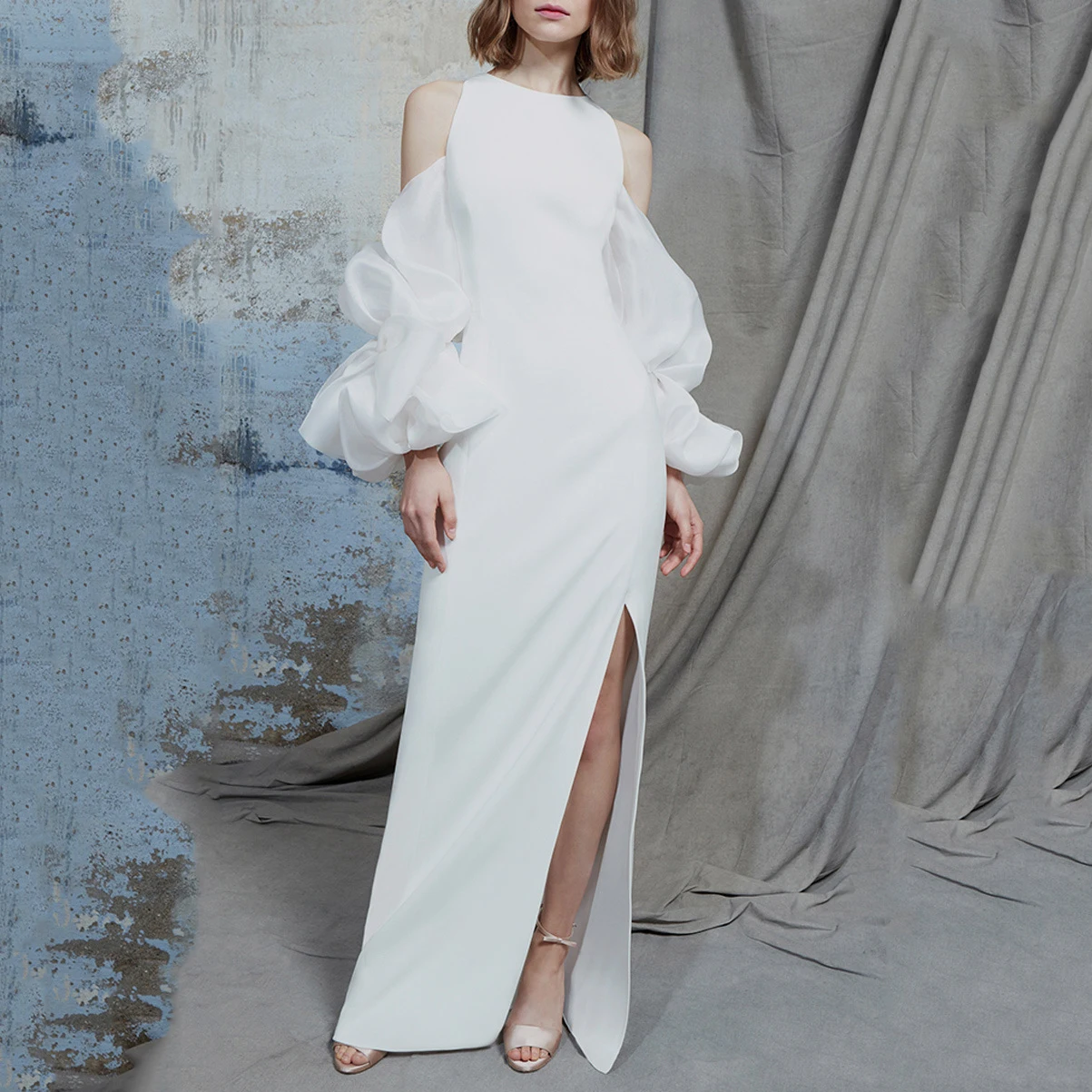 Banquet Evening Dress White Women Luxury Off Shoulder Puff Sleeve Wedding Dresses 2024 Elegant Sexy Slit Long Prom Party vestido