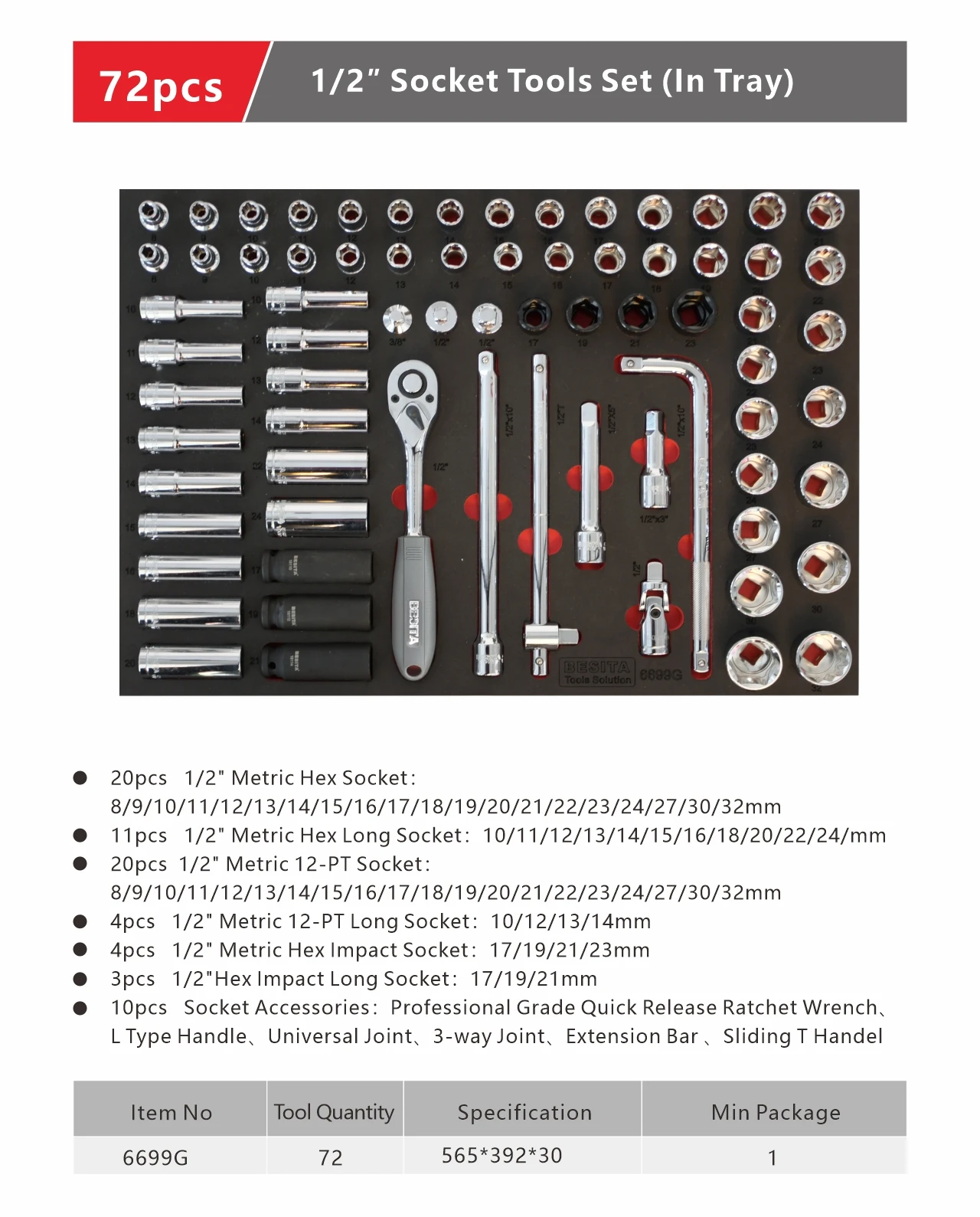 Industrial Professional Repair Hand Tool Set 72 Piece 1/2 Inch Socket Tool Set with Tray