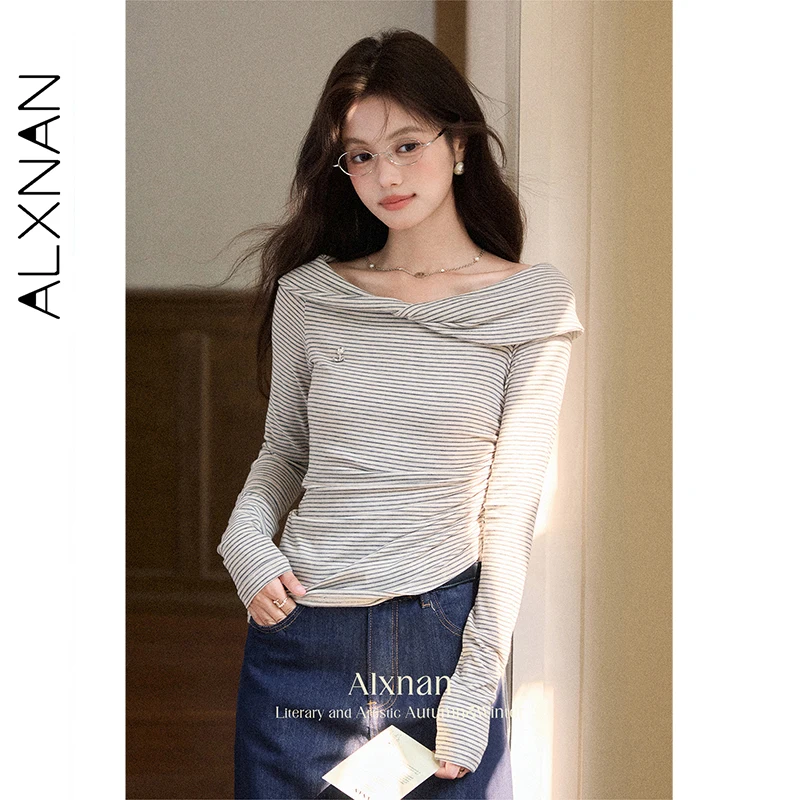 ALXNAN Plue Size Black White Striped T-shirt Women's Irregular One-shoulder Long Sleeve T-shirts Slim-fit Tops Female D12607