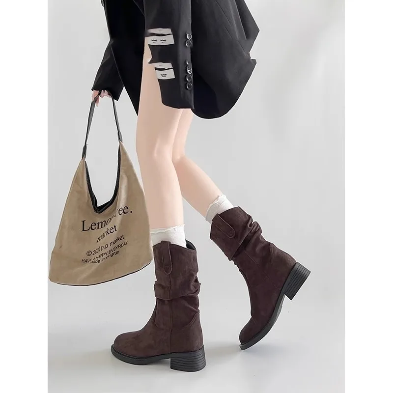 Elegant Korean Style Short Boots Square Head V-notch Thick Heel Slimming Effect Waterproof PU Leather Rubber Outsole