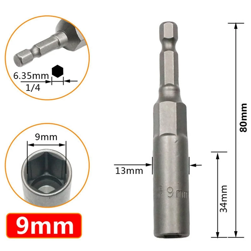 Deep Hex Socket Nut Driver Drill Hex Impact Socket Adapter 80Mm Length Screwdrivers Bits 6-19Mm Quick Adapter