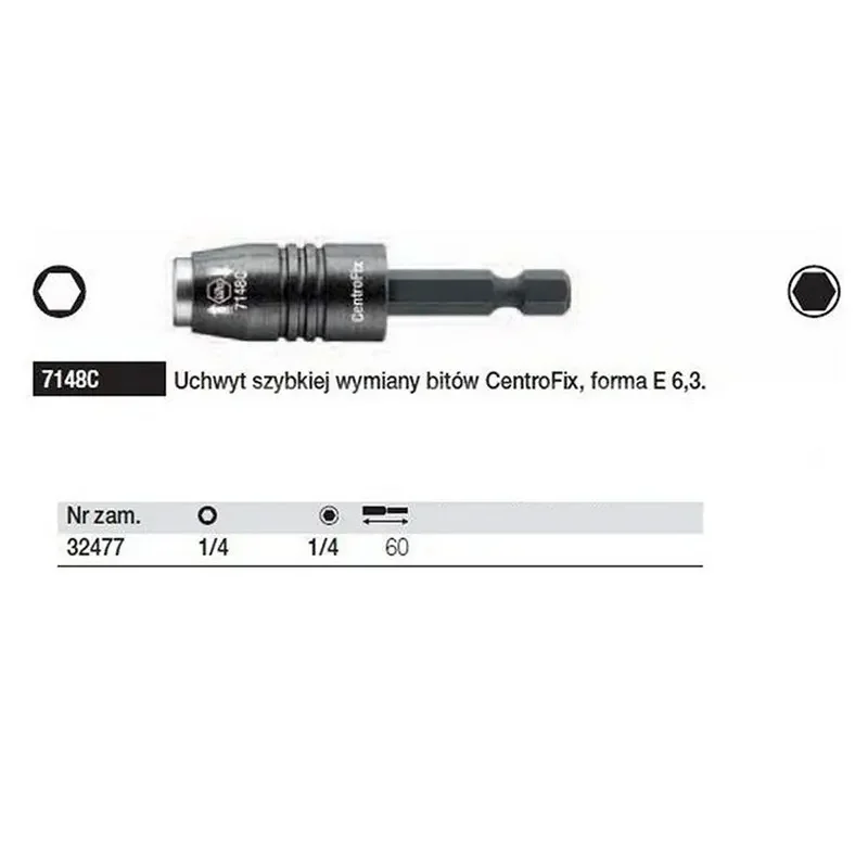 Wiha Tools NO.32477 Bit Holder 1/4'' CentroFix Mechanically Lockable 7148C 60mm 47Grams