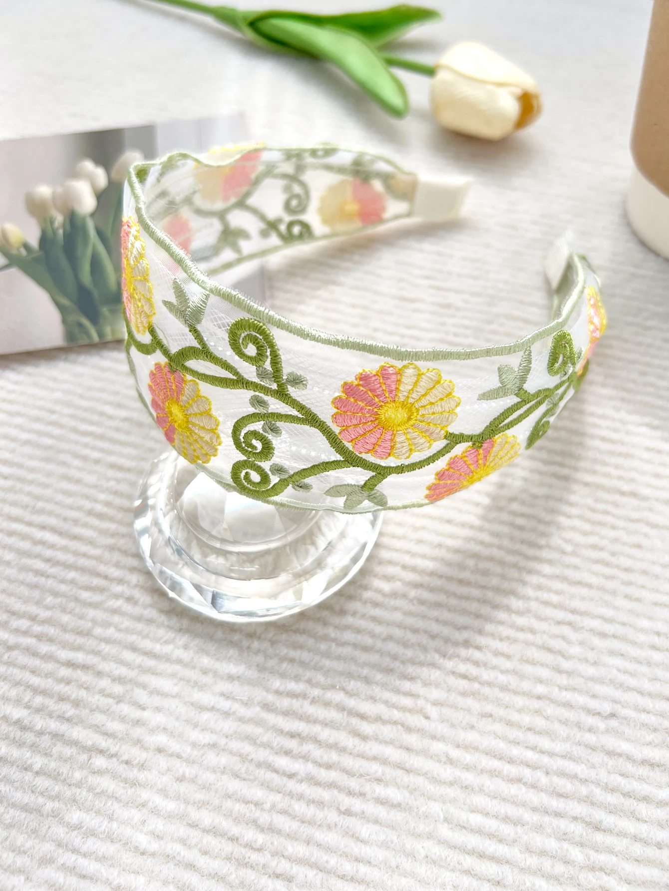 1 Pcs Pink Boho Floral Headband Embroidery Wide Hair Band,Bohemia Vintage Ethnic Style for Women Girls Hair Accessories