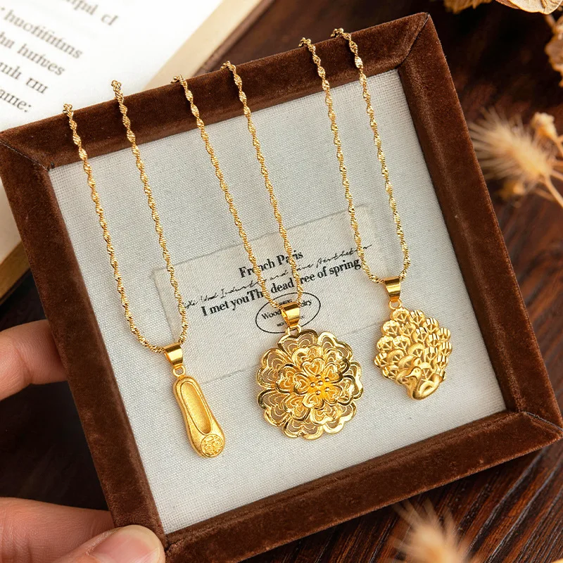 

New Style Retro Chinese Style Bride Wedding Necklace 9999 24K Real Gold Peacock Flower Embroidered Shoe Pendant