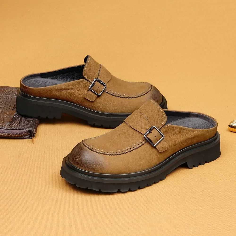 Men's Casual Buckle Mule Shoes Round Toe Thick Sole Half Slippers Slip On Flats Slides Footwear