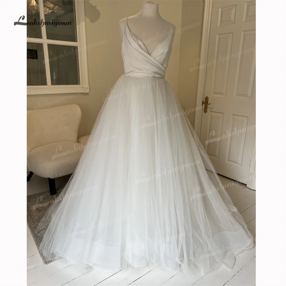 Lakshmigown-vestido de novia de línea A con cuello en V, con tirantes finos vestido de novia, tren de la capilla, bata de boda de lujo, vestido de abito sposa, 2025