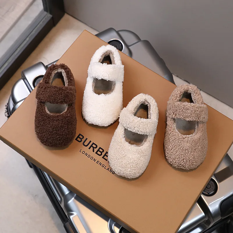 Autumn Winter Children Furry Shoes Fashion Warm Kids Princess Shoes Korean Style Shallow Girls Shoe Cover Toe Plush Flat Shoes