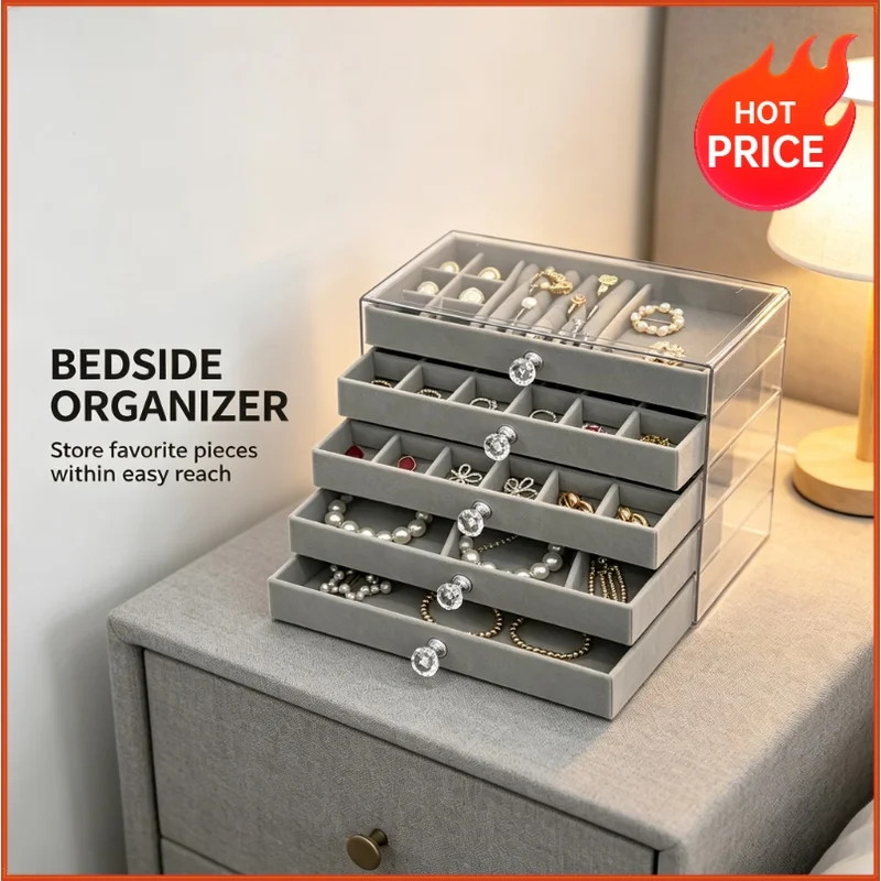 Large Capacity Multi-layer Velvet Acrylic Jewelry Box Transparent Organizer for Earrings Necklaces Storage