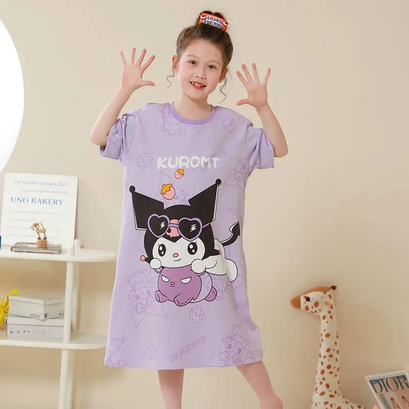 

Sanrio Kuromi Girl Night Dress Summer Thin Style Printing Cartoon Children Kawaii Comfort Leisure Household Clothes Skirt Anime