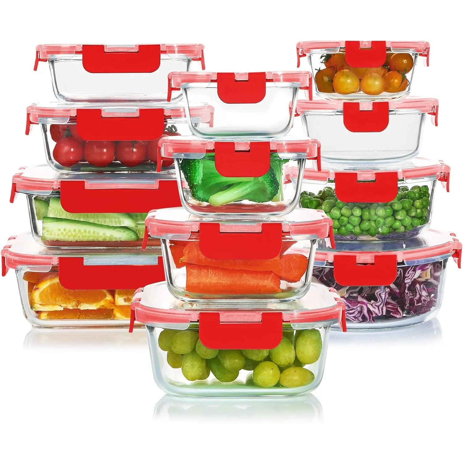

24 Pieces Glass Food Storage Containers Set,Glass Meal Prep Containers-Stackable Airtight Glass Storage Containers,Red