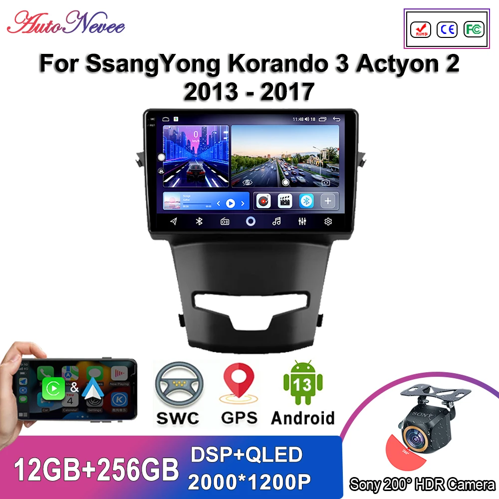 Car Android 13 For SsangYong Korando 3 Actyon 2 2013 - 2017 5G wifi BT Radio Stereo Multimedia Player GPS Navigation 7862 CPU