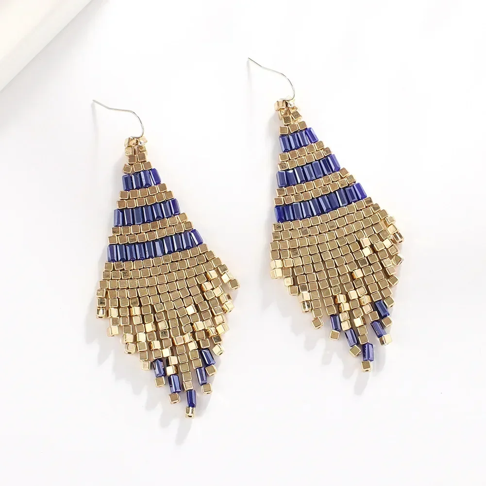 Beaded earrings Tassel Retro  Originality  Hand knitting Bohemia  Alloy Tide Simple Chroma Female Rice bead earrings
