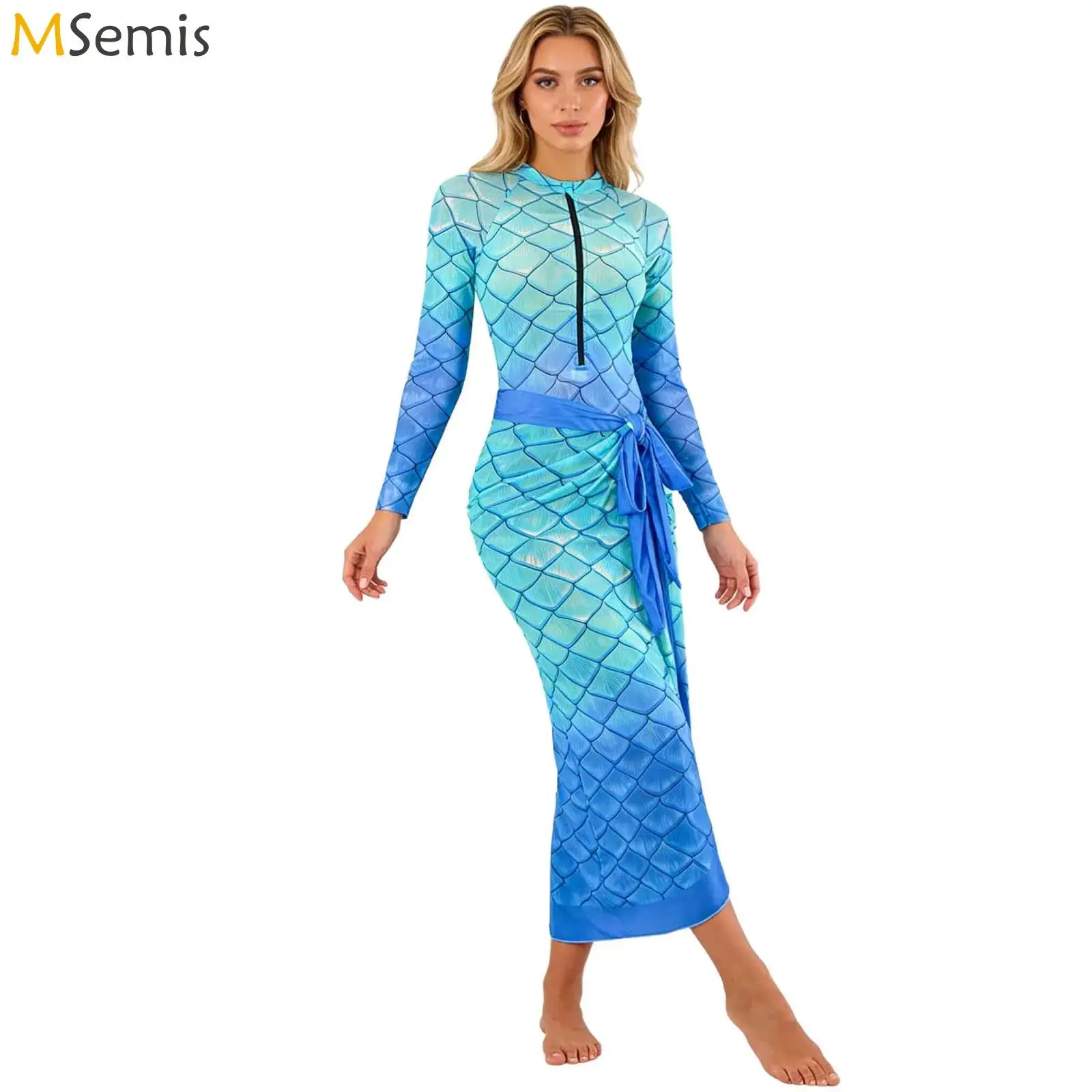 

Женский купальник с принтом рыбьей чешуи, комплект из двух предметов: купальник с длинными рукавами, вставками для груди и длинной юбкой-накидкой на завязках