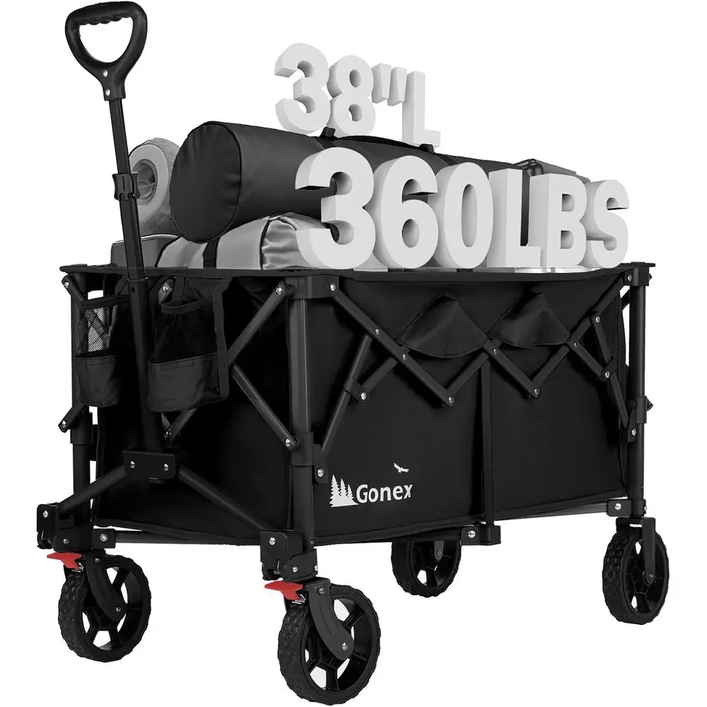 

38 Inch Collapsible Utility Wagon with 360 lbs Capacity, 220L Storage for Garden, Shopping, Camping - Black