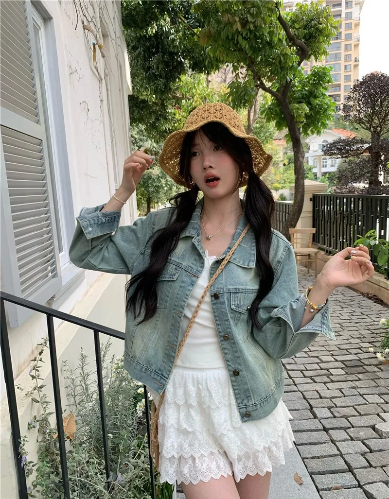 Denim-Mäntel für Damen, Sommer-Canvas, ausgehöhlte Taschen, minimalistische Schärpen, Ballonärmel, leichte Strandmode-Jacke