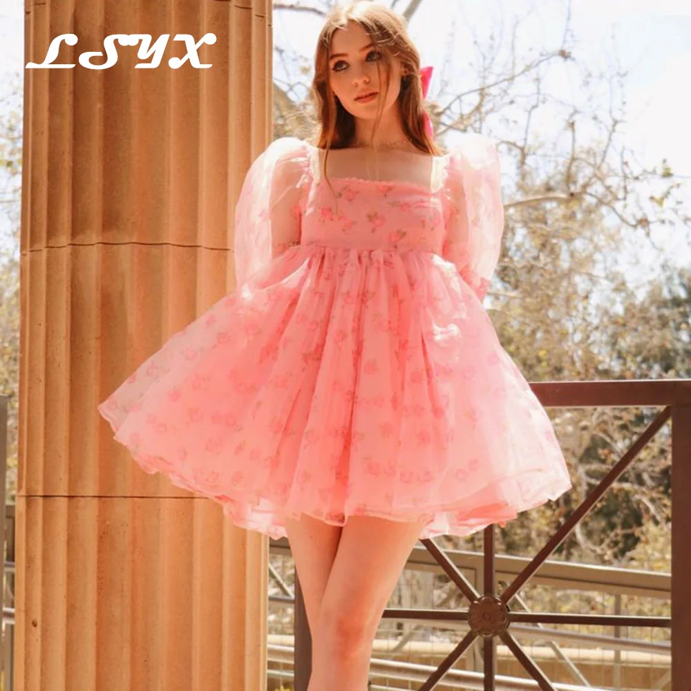 

LSYX Pink Mini Square Collar Homecoming Dress 2023 Puff Sleeves Applique Florals A-Line Tulle Short Party Prom Gown Above Knee