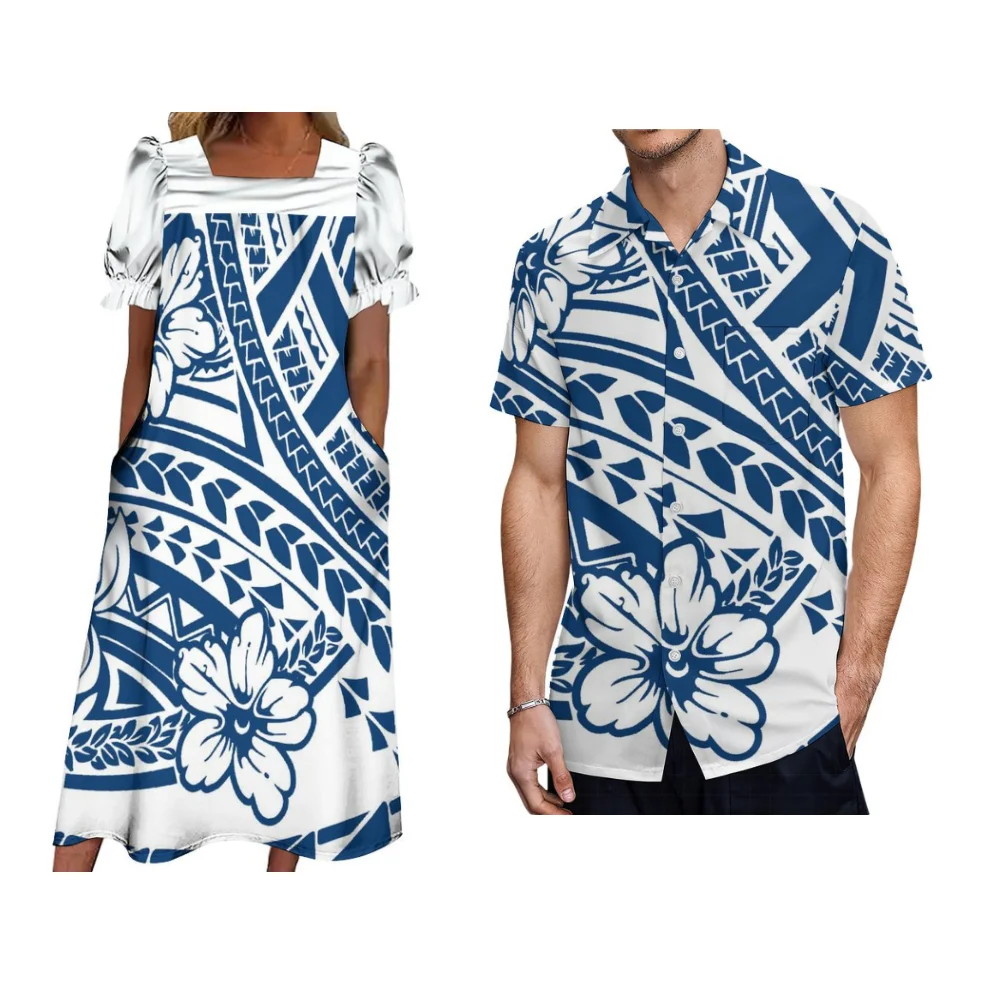 Polynesian Couple Set Set Women Mumu Dress Men'S Shirt Casual Set Puffed Sleeve Design Pocket Skirt Hawaiian Casual Pocket Shirt