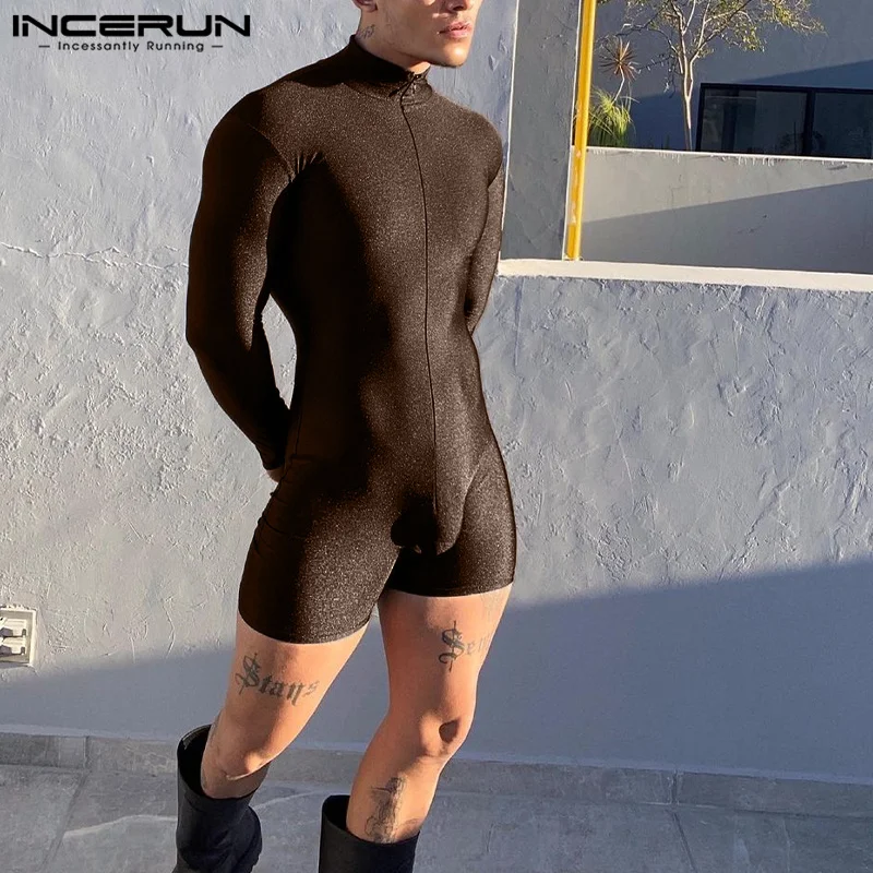 Party Nightclub Style Hot Sale Jumpsuits INCERUN Men\'s Half High Neck Solid Rompers Casual Sexy Male Long Sleeved Bodysuit S-5XL
