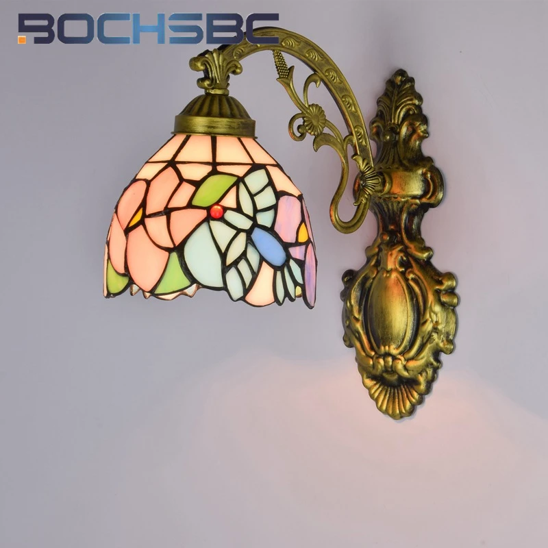 BOCHSBC Tiffany style stained glass mirror headlight bird wall lamp for living room dining room bedroom bed corridor LED decor