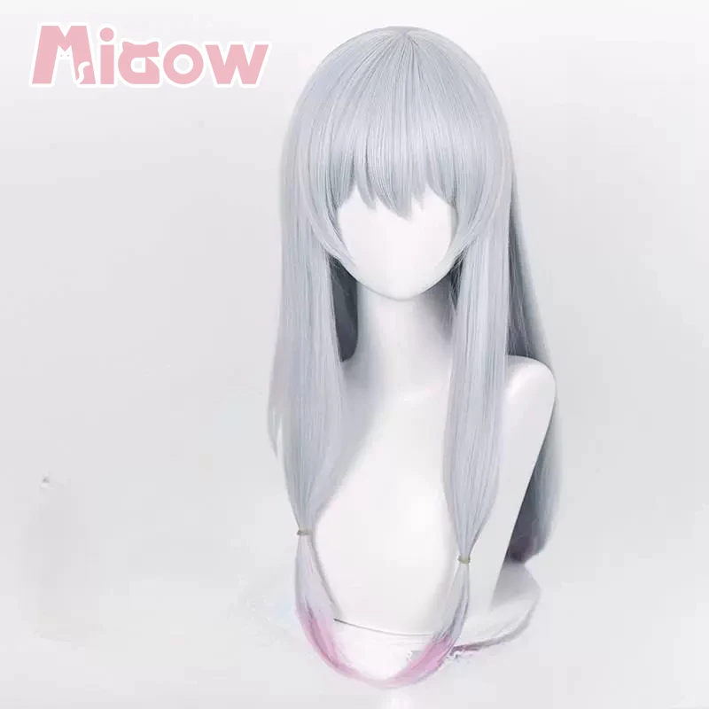 Anime 'Eromanga Sensei' Sagiri Izumi Cosplay Wig, Silver Grey Gradient Pink Long Straight Twin Tails Wig with Simulation Scalp