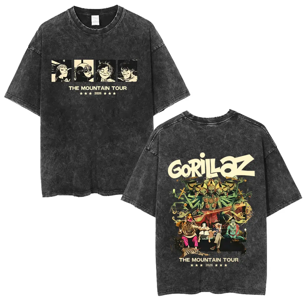 

Washed Vintage Rock Band Gorillaz Tour 2026 T-shirt Men Women Retro Gothic Punk T Shirts Men's Fashion Casual Oversized T-shirts