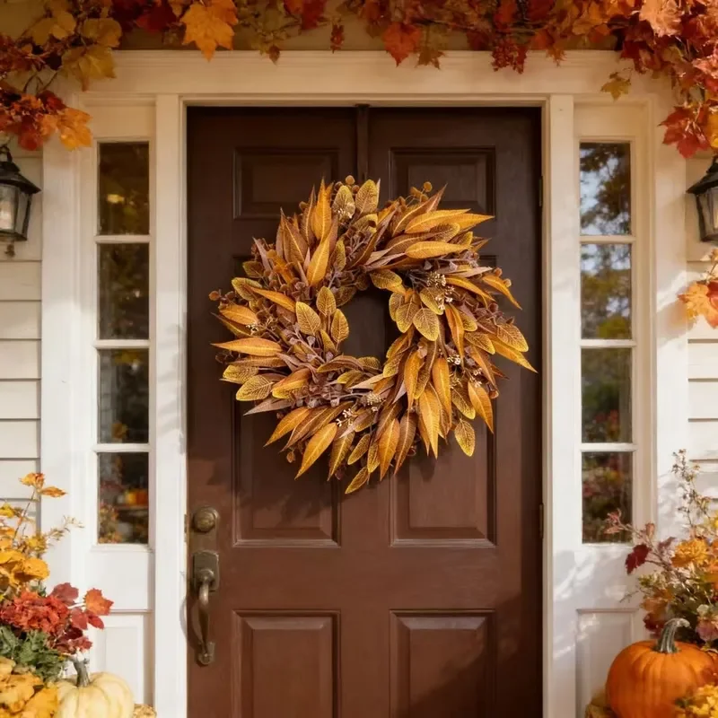 Autumn Simulation Wreath for Front Door Decoration American Style Fall Atmosphere Home