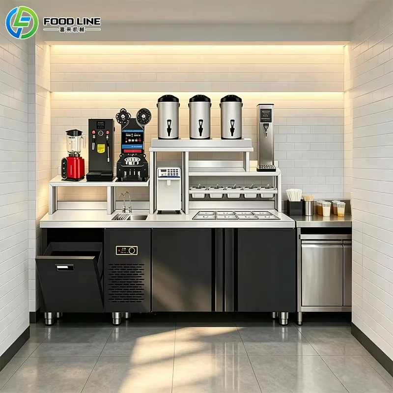 Customized Integrated Bubble Tea Counter Station Full Set with All Milk Tea Processing Machines Vertical Milk Tea Making Machine