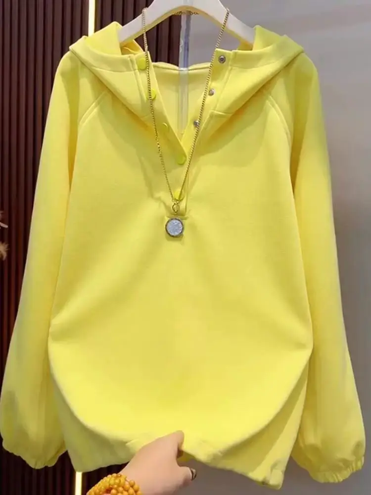 Women's Dopamine Yellow Multi Button Hoodie Long Sleeve Hooded Pullover Casual Sweatshirt Spring 2026 Streetwear