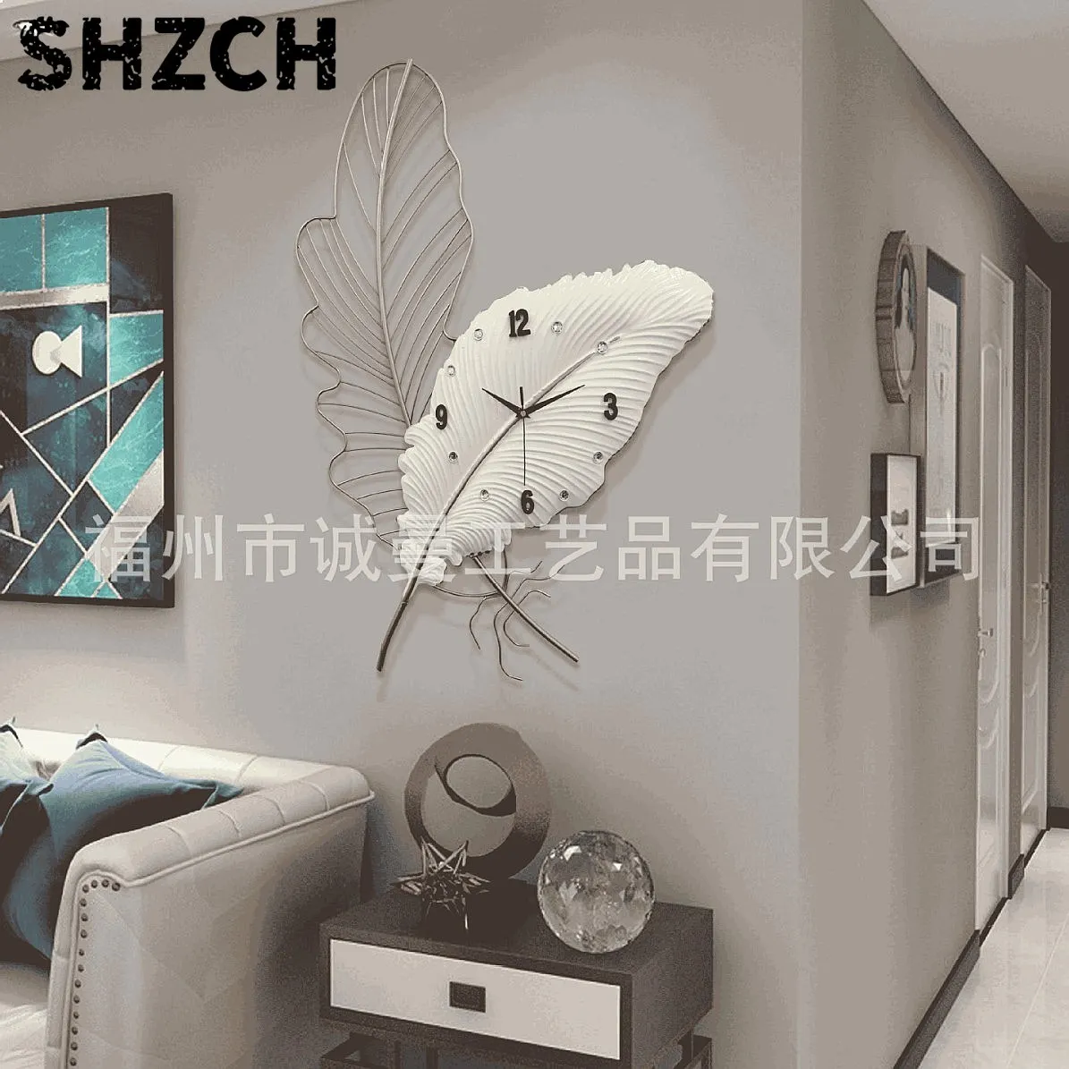 Feather Wall Clock Silent Quartz Movement Modern Decorative Round Home Office Nursery Decor