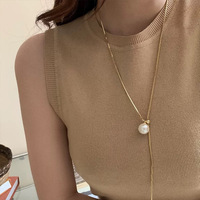French Retro Simple Pull-out Long Imitation Pearl Necklace For Women Fashion Geometric Metal Jewelry Accessories