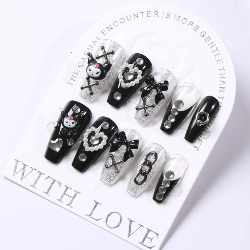 24pcs sanrio kawaii aranyos kuromi handmade Bűvészkellék Köröm vel Meghajlás Gyöngyözik Kidolgozott Balett Fehérneműs szekrény -en nails 3D Gúnyrajz Anime Ál- nails