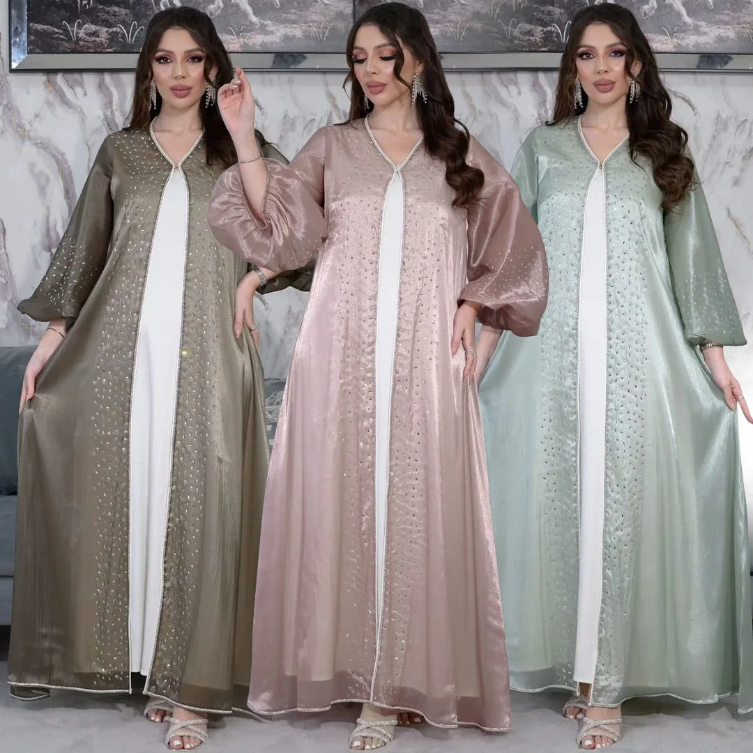 Dubai Satin Open Kimono Abayas Diamonds Muslim 2pcs Sets Women Jalabiya Kaftan Maxi Dress Islam Clothing Turkey Robe Outfits New