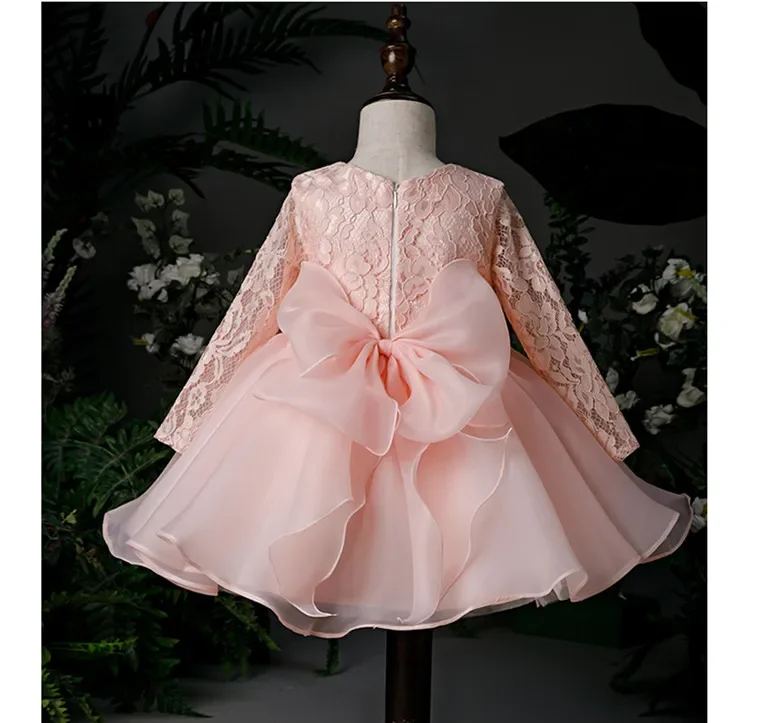 Cute Girl Infant Party Dress For 1 Year Baby Girl Birthday Frock Crystal Beads Tulle Long Sleeve Toddler Girl Christening Gown