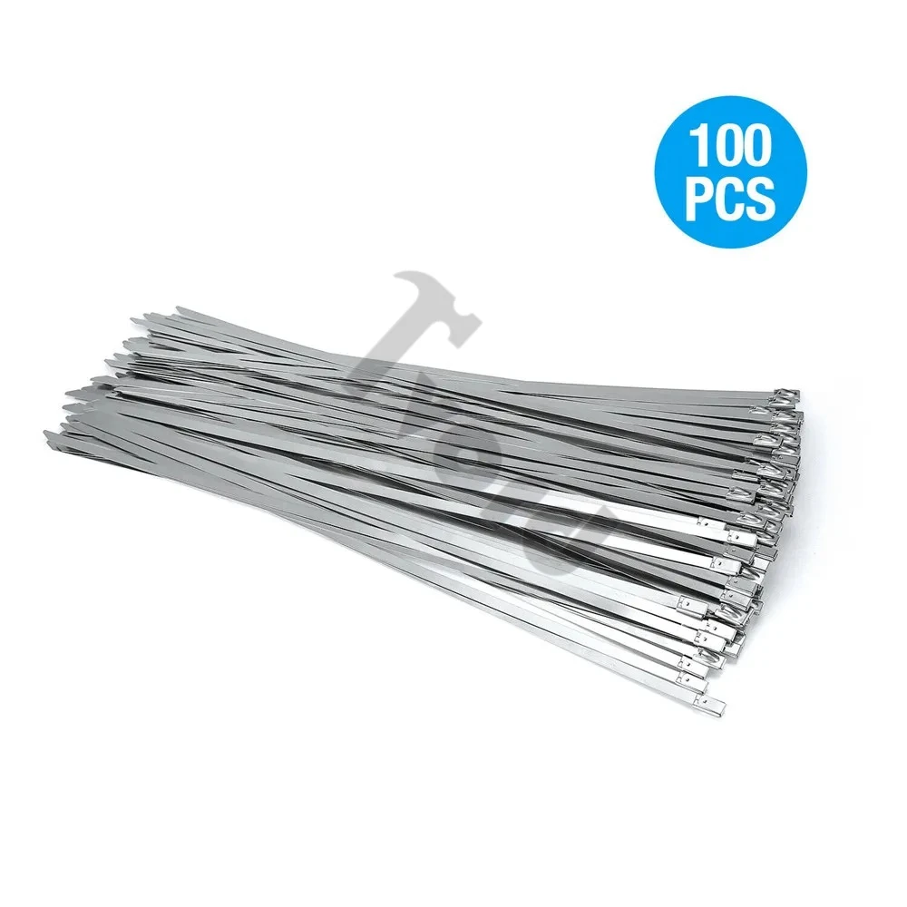 100Pcs 304#Stainless Steel Cable Ties 4.6mm Heavy Duty Self-Locking Cable Zip Tie Multi-Purpose Metal Exhaust Wrap Locking Ties