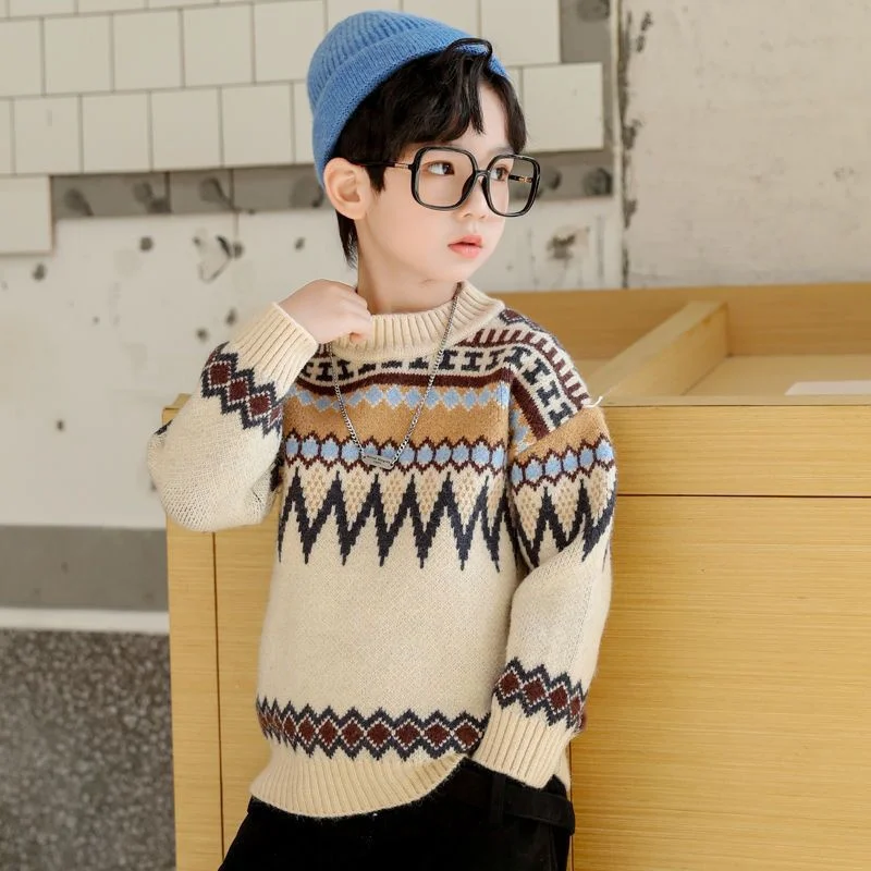 

Boys Sweater Wool Coat Kids Tops Knitting 2024 Khaki Spring Autumn Plus Thicken Cottons Pullover Teenagers Children's Clothing