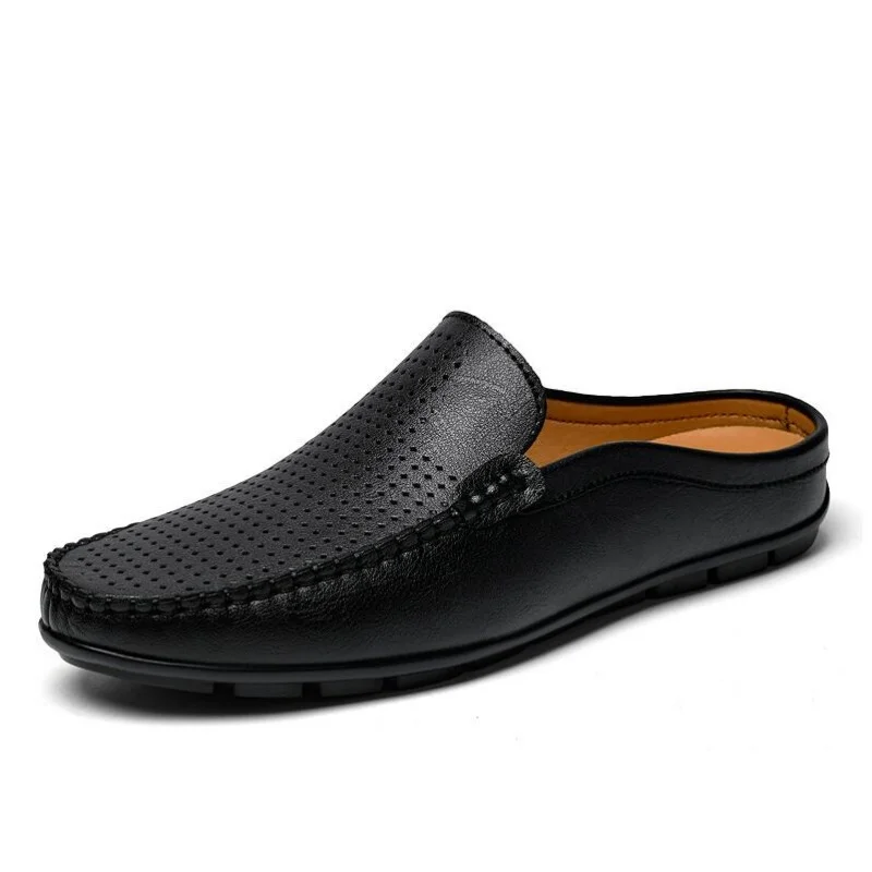 

Closed Toe Half Shoes for Men Black Blue Mules Slippers Slip on Genuine Cowhide Leather Luxury Flat Sandals Man Summer