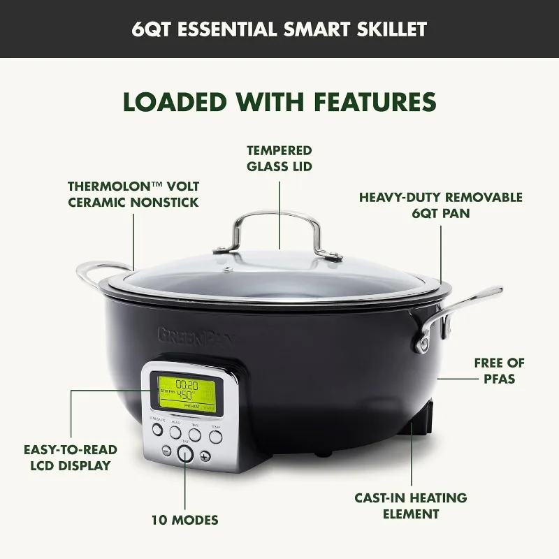 وعاء مقلاة GreenPan Elite Essential Smart Electric 6QT، Sear Saute Stir-Fry and Cook Rice، سيراميك غير لاصق، خالٍ من مادة PFAS، أسود