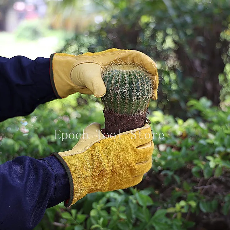 Yellow Cowhide Leather Outdoor Cycling Gloves Abrasion Resistant and Anti-Puncture for Gardening Manual Labor Protection