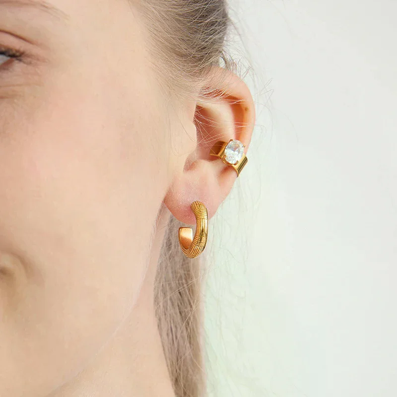 Geometric Cubic Zirconia Earrings For Women Minimalist 18K Gold Plated Stainless Steel Clip Earrings Fashion Jewelry