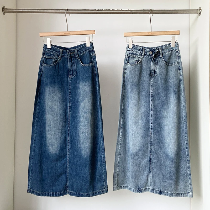 

Summer Vintage Women Denim Skirts New Temperament Fashion High Waist Split Jean Skirt Female Streetwear A-Line Mid-Length Skirts