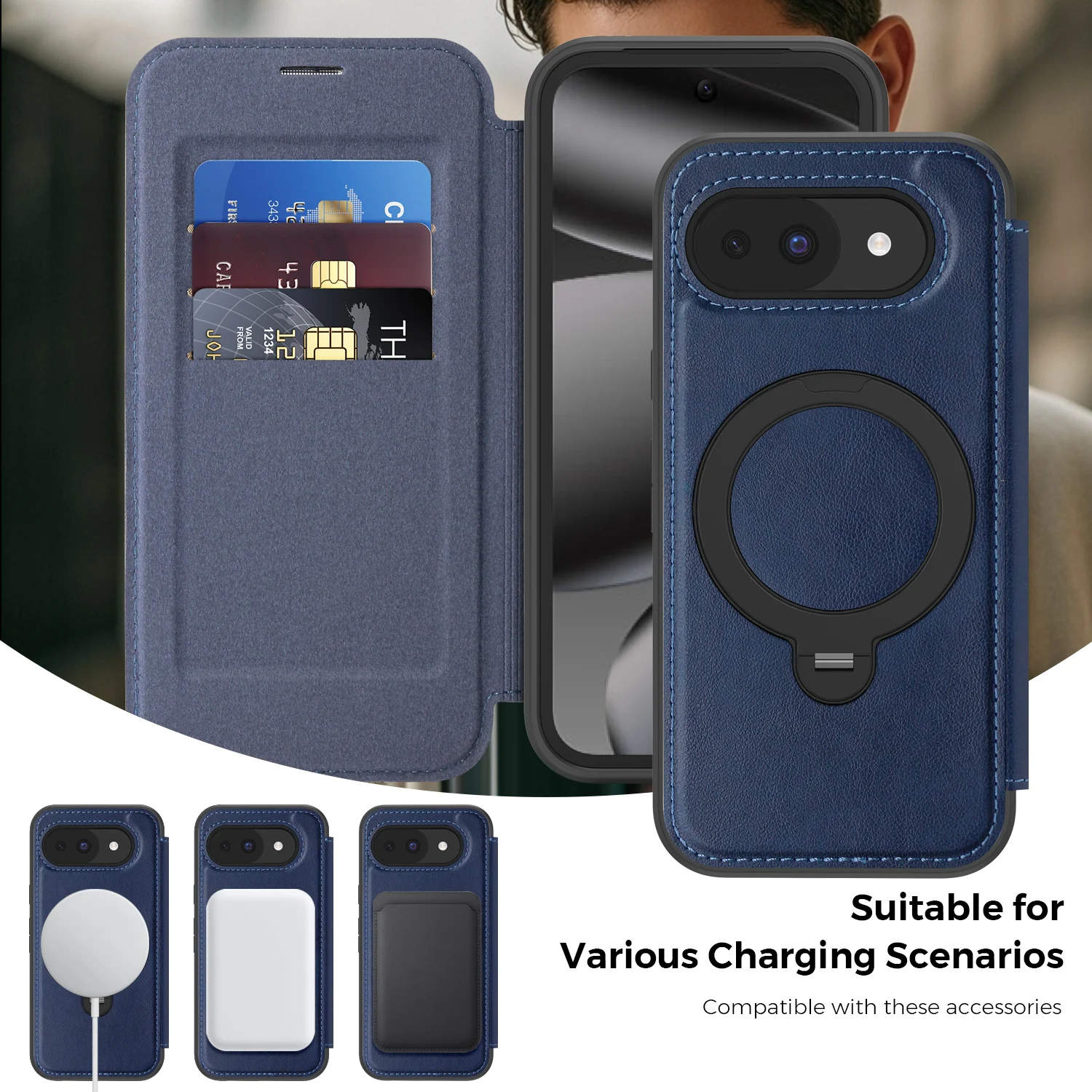 

For Google Pixel 10A Magnetic Case, Folding 360° Rotating Metal Stand PU Leather Wallet Flip Shockproof Phone Cover,Card Case