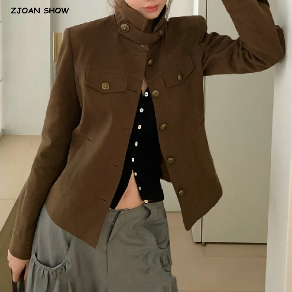 

New Autumn Vintage Lapel Collar Safari Jacket for Woman Single-breasted Buttons Long Sleeve Crop Coat Femme Outerwear Brown