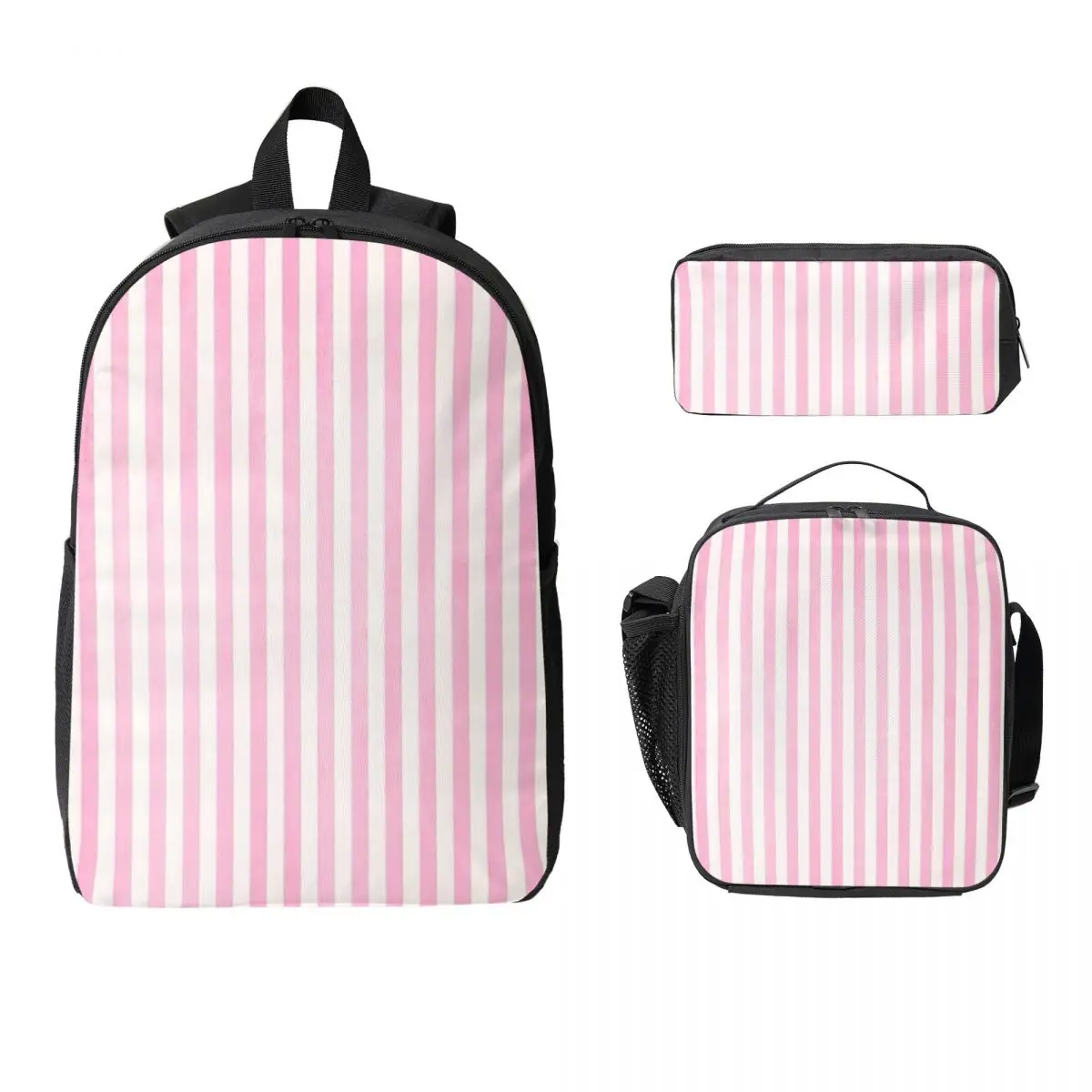 

Pale Pink White Stripes Backpack Student BookBag School Bag Computer Shoulder Bags 3ps Insulated Lunch Bag Pencil Case