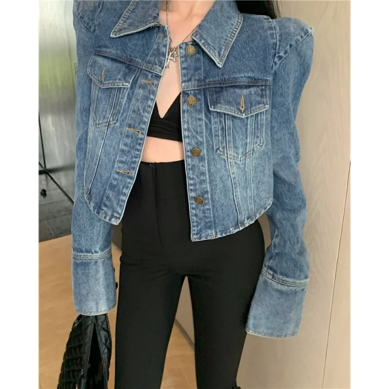 Right-angle Shoulder Short Denim Women's American Retro Loose Casual Fried Street Shoulder Pad Top