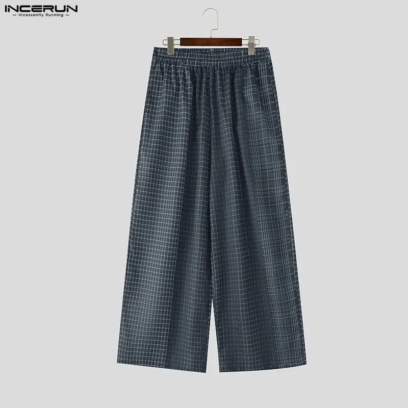 

INCERUN Men's Pants Plaid Patchwork Elastic Waist Joggers Casual Trousers For Man Streetwear Loose Leisure Male Wide Leg Pants