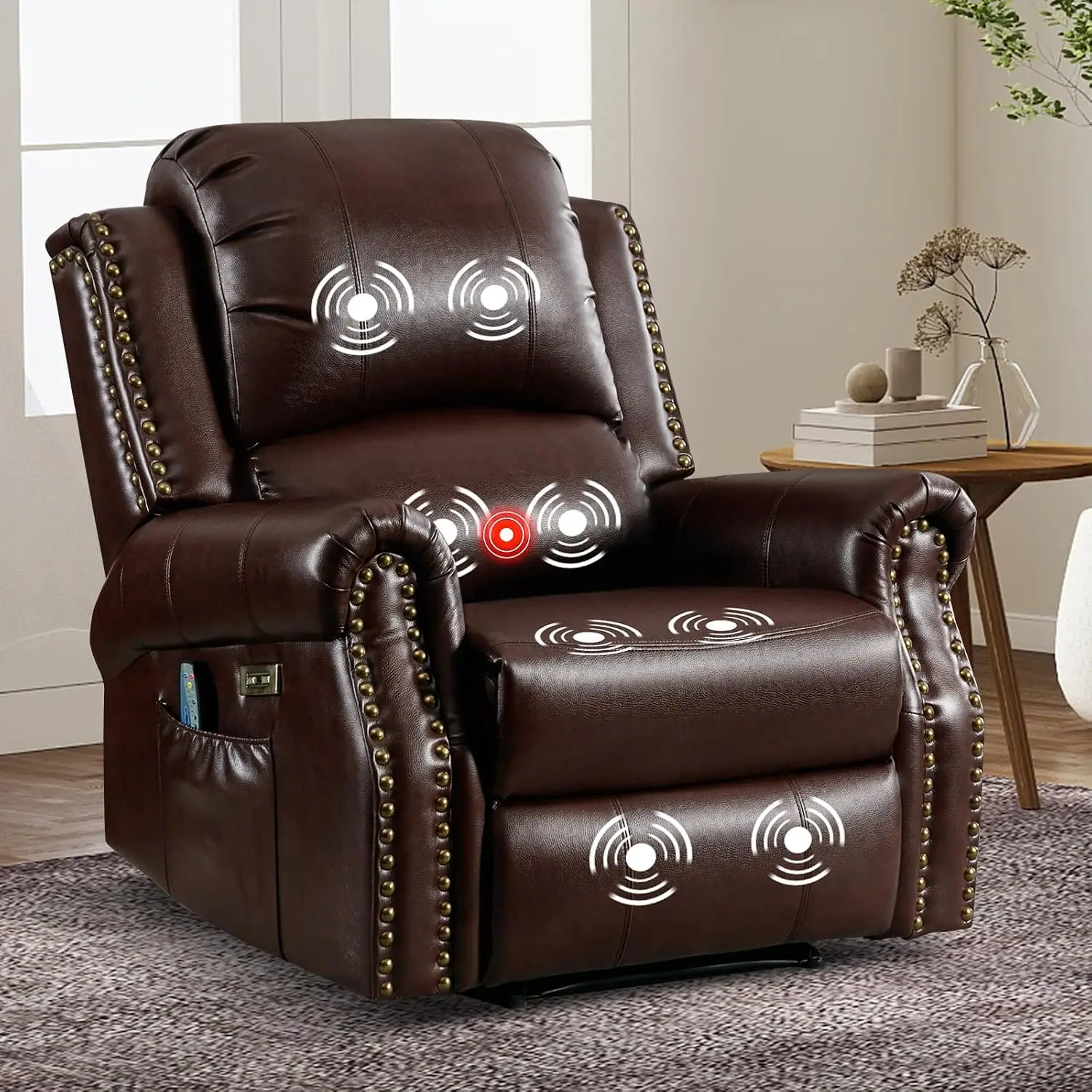 Power Recliner with Massage & Heat, Faux Leather Electric Chair, Single Sofa with Rivet for Living Room, Brown, Customized
