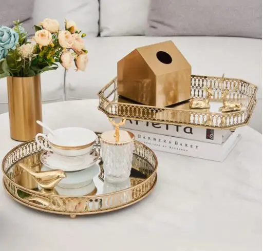 

Gold Trays Decorative Vintage Mirror Glass Storage Tray Rectangle/round Fruit Plate Desktop Small Items Jewelry Display