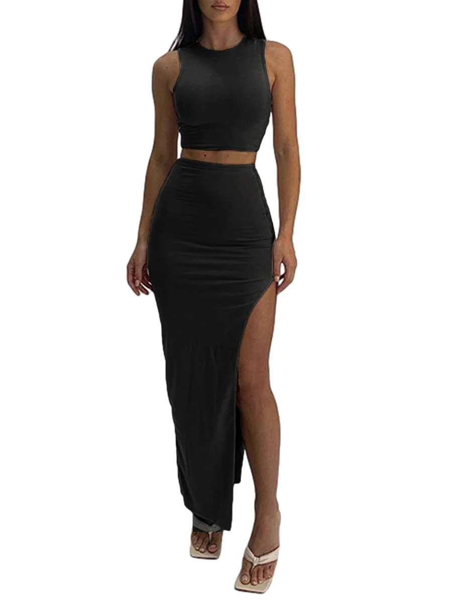 

Women Casual 2 Piece Skirts Set Summer Crew Neck Sleeveless Tank Tops Wrapped Hip High Slit Long Skirts Set Streetwear